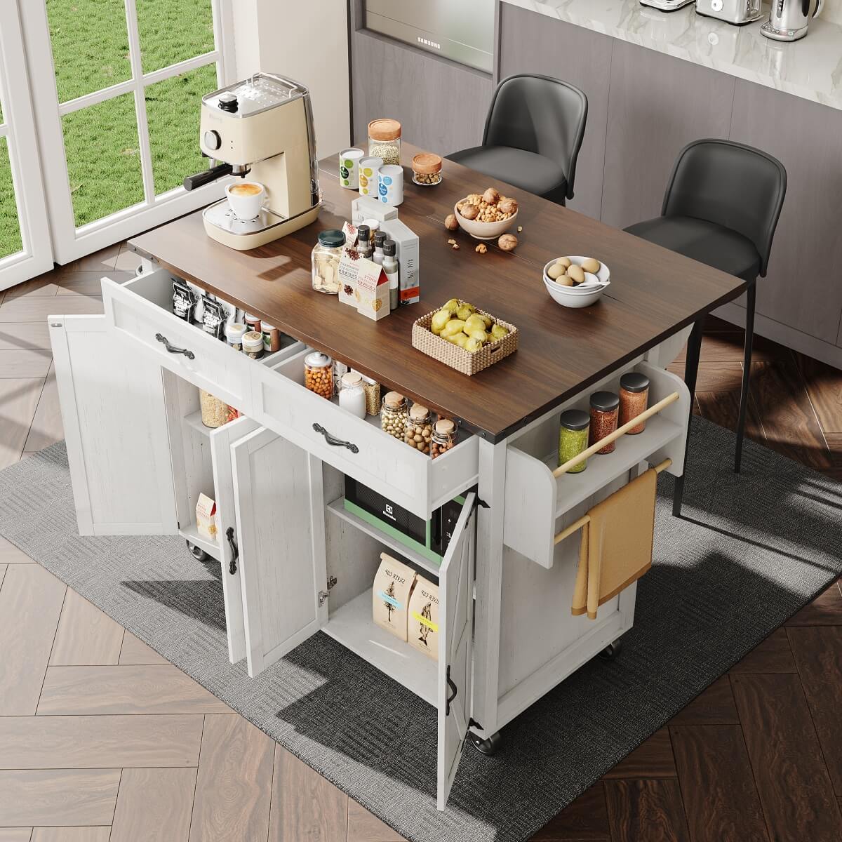 Farmhouse Kitchen Island Trolley - Rolling Storage Cabinet with Drawers, Adjustable Shelf & Spice Rack, White