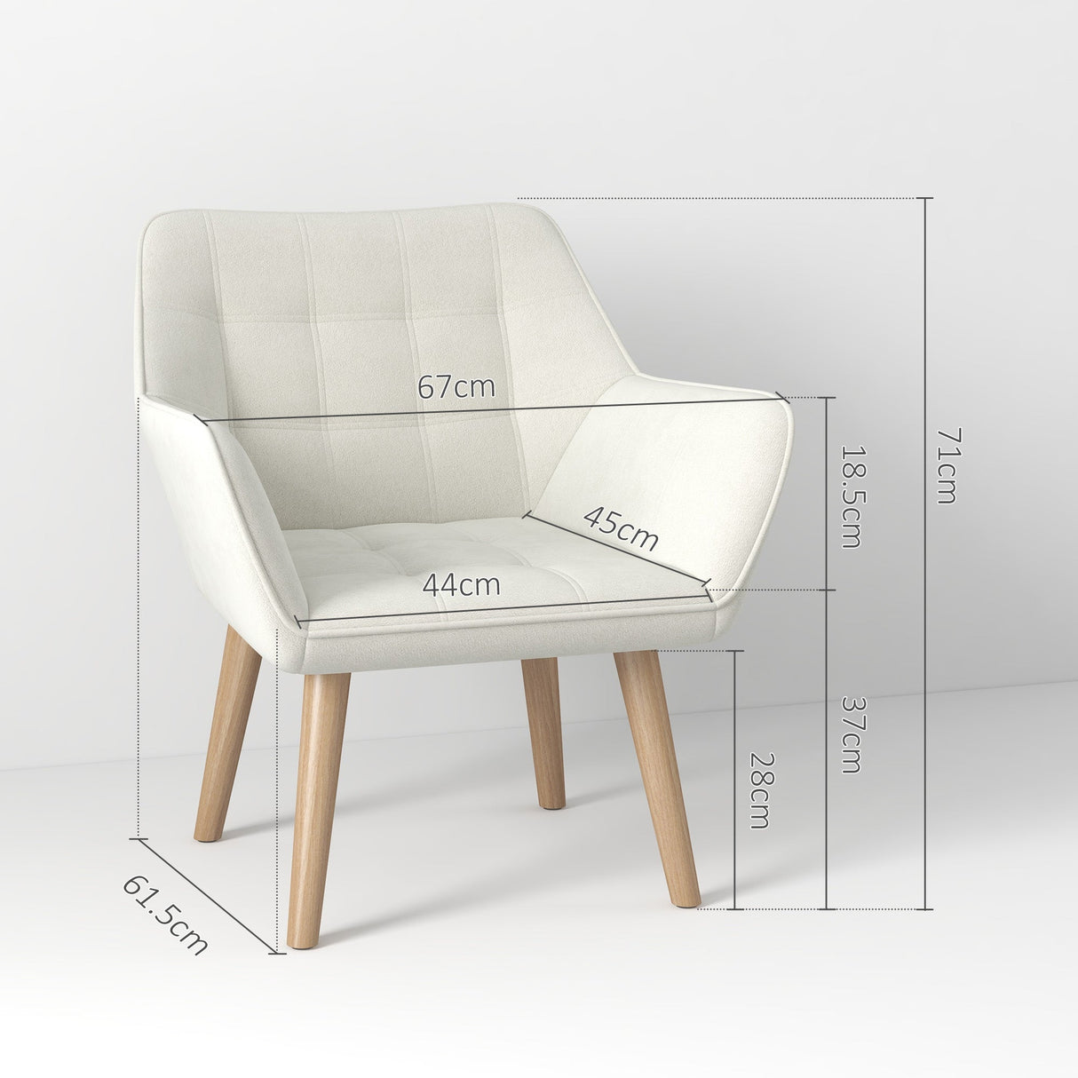 Accent Chair with Wide Arms, Slanted Back, Thick Padding, Rubber Wooden Legs, Cream White