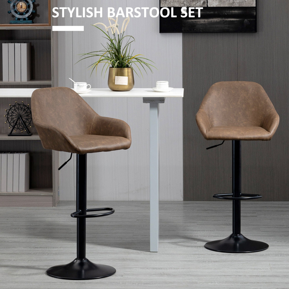 Bar Stools Set of 2, Height Adjustable Swivel with Backs and Armrests, Dark Brown PU Leather