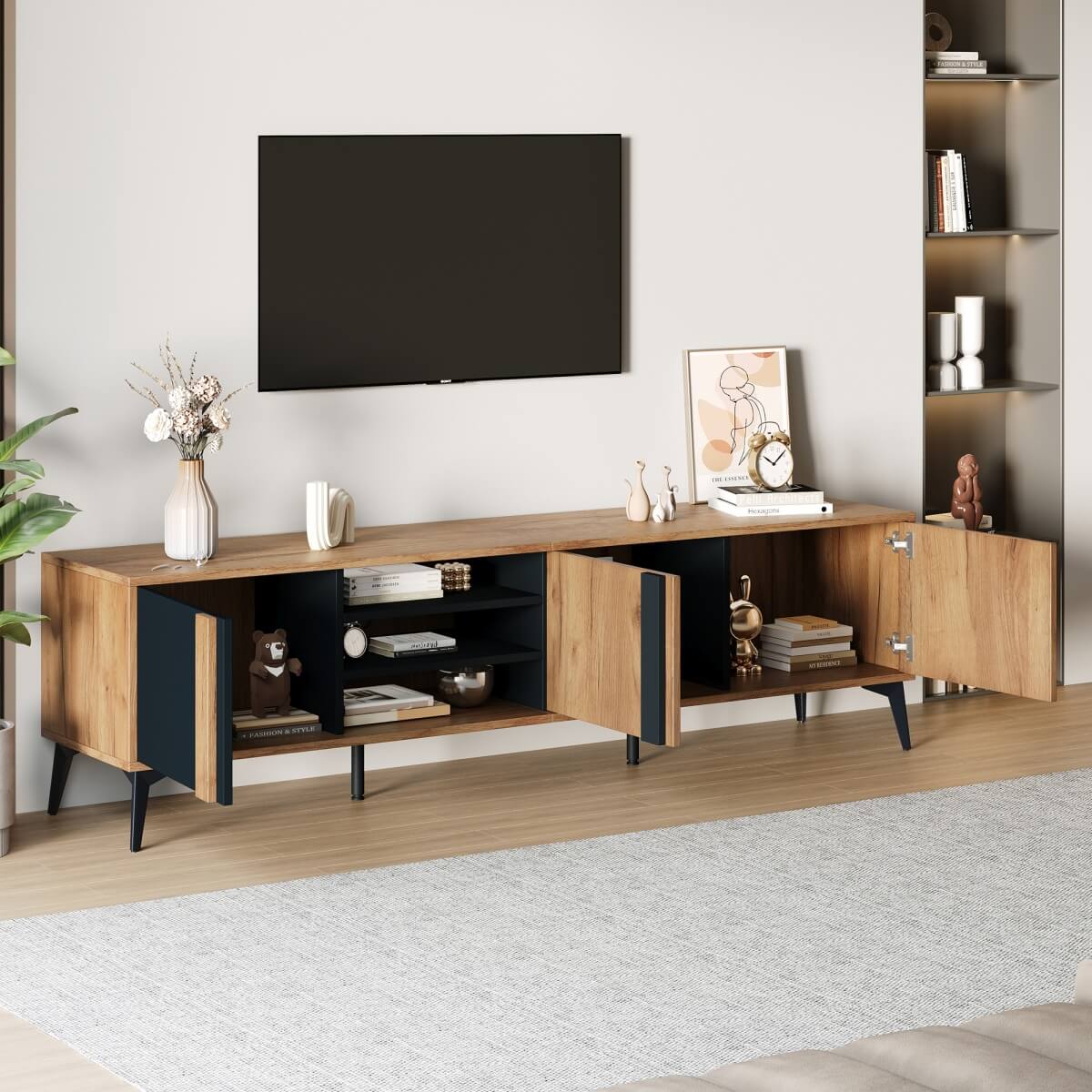 TV Unit for TVs up to 80 Inches - Industrial TV Stand with 3 Storage Cabinets, 3 Open Shelves and Steel Frame, Brown and Black