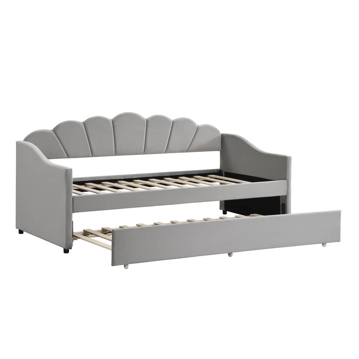 3ft Single Upholstered Day Bed - Velvet Sofa Bed with Pull-Out Trundle Bed, Grey