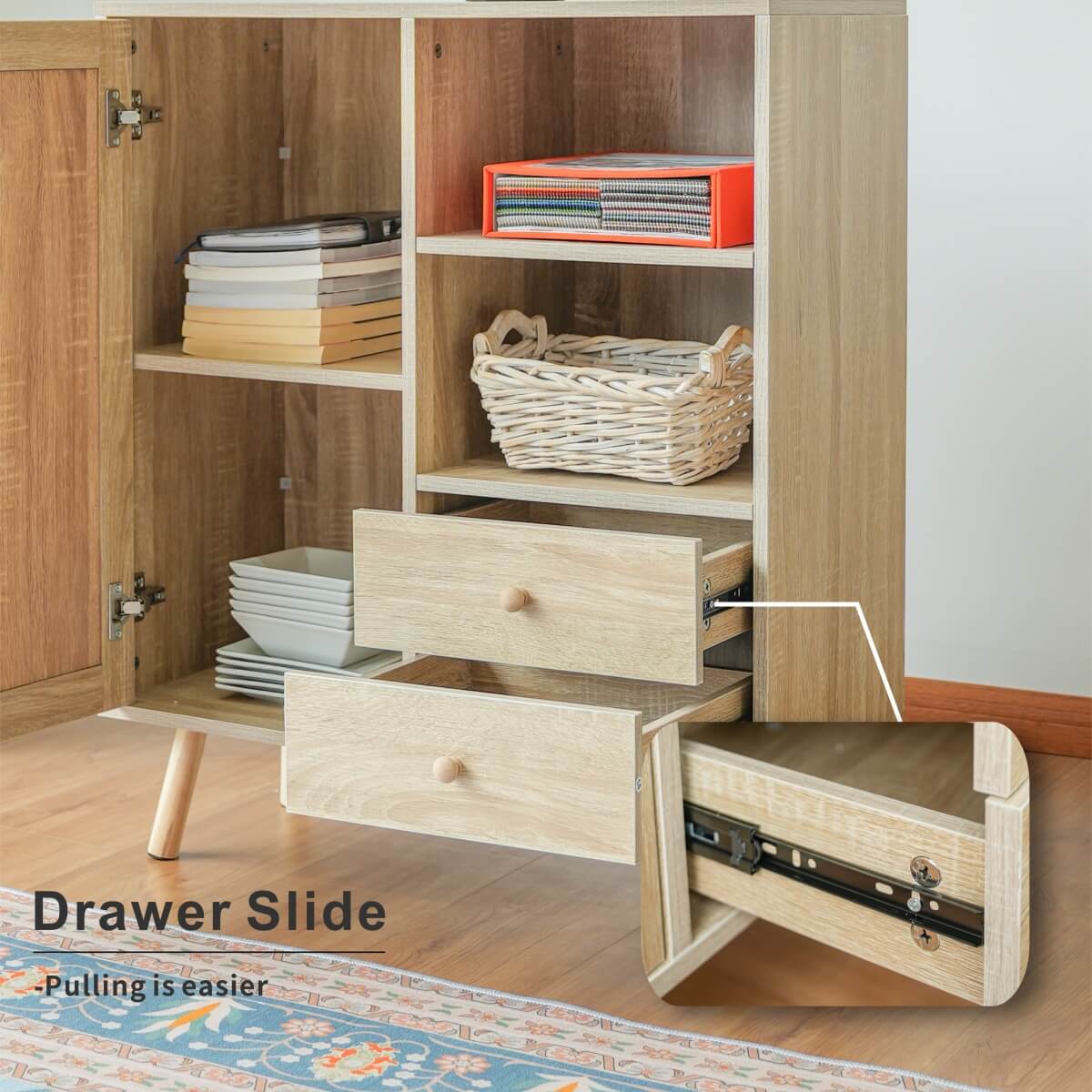 Solid Wood Storage Cupboard with 1 Door & 2 Drawers - Freestanding Cabinet