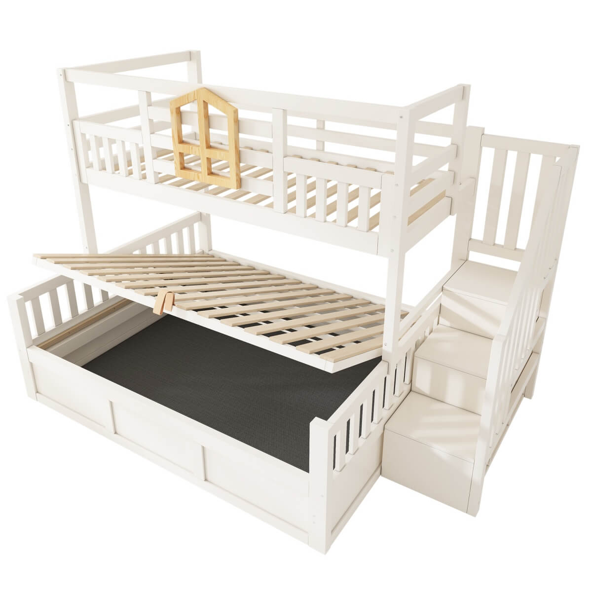 Kids Staircase Bunk Bed with Storage - Wooden Double Bunk Bed with Hydraulic Storage Cubes, White