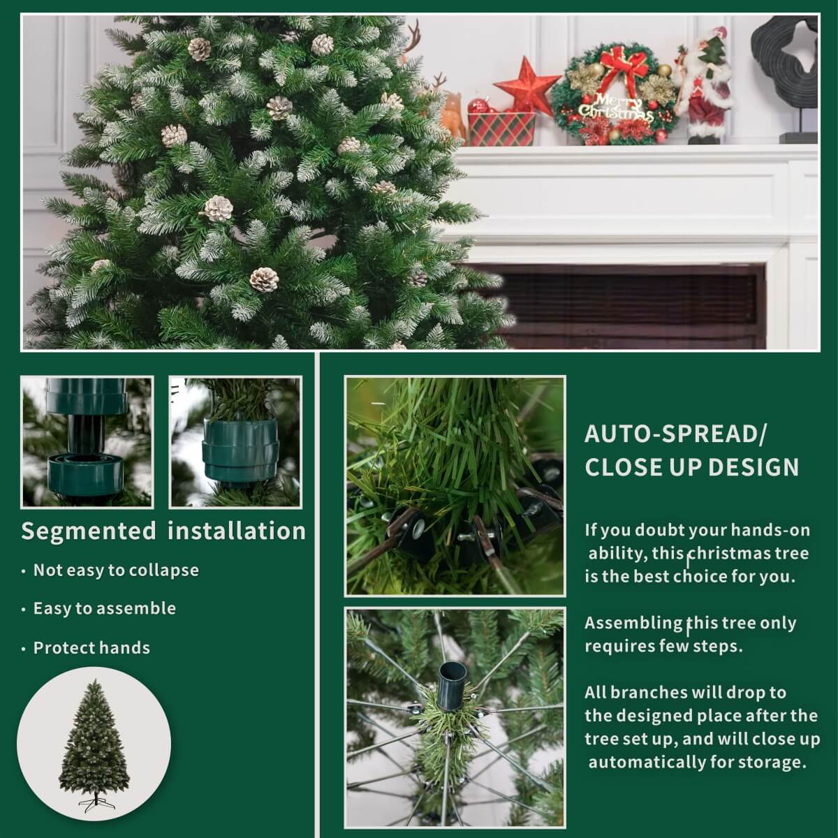 Snow-Flocked Artificial Christmas Tree with Pine Cones - Realistic Green Xmas Tree for Indoor Home Decoration
