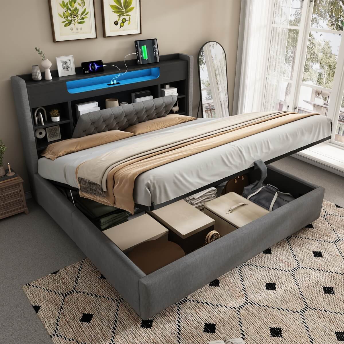 5ft King Size Upholstered Storage Bed with Hydraulic Lift - LED Lighting & Charging Station, Linen, Grey