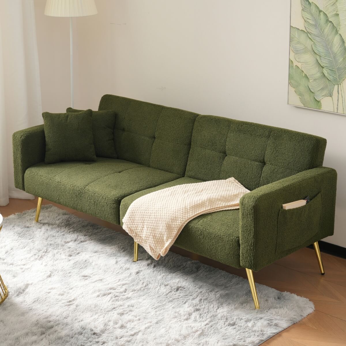 Convertible Sofa Bed with Adjustable Backrest - Modern Recliner Sofa with Gold Legs and Storage Pockets, Green