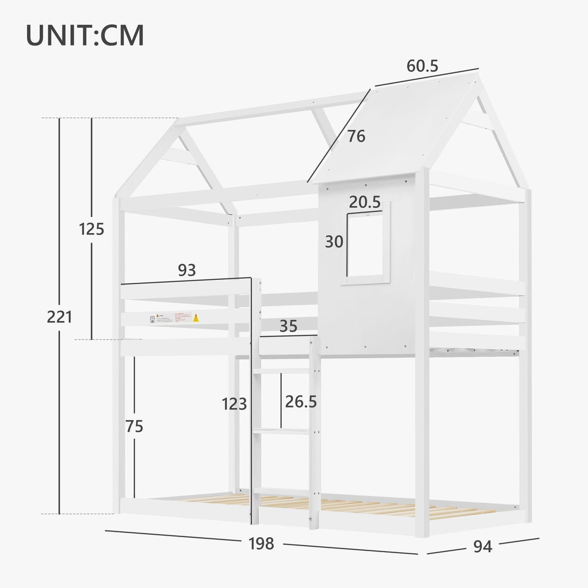 Bunk Bed, Children Cabin Bed, Single Bed for Kids, Twin Sleeper, 3FT, Solid Pine Wood, White