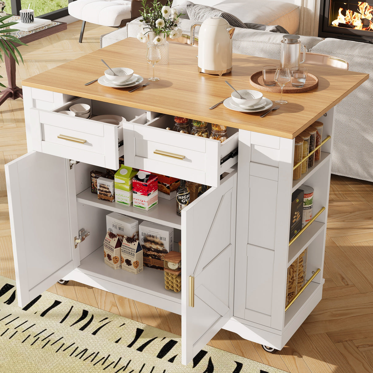 Kitchen Island on Wheels, Rolling Cart with Drawers & Storage, Foldable Worktop, White