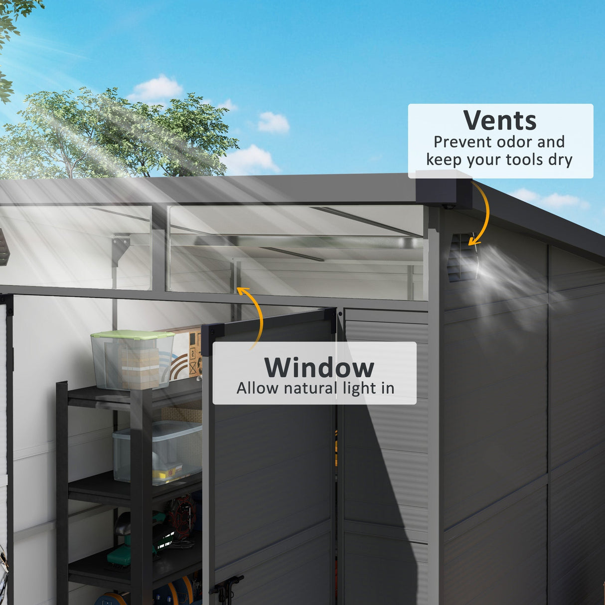 Outdoor Storage Shed 6 x 6ft with Windows and Air Vents, Dark Grey