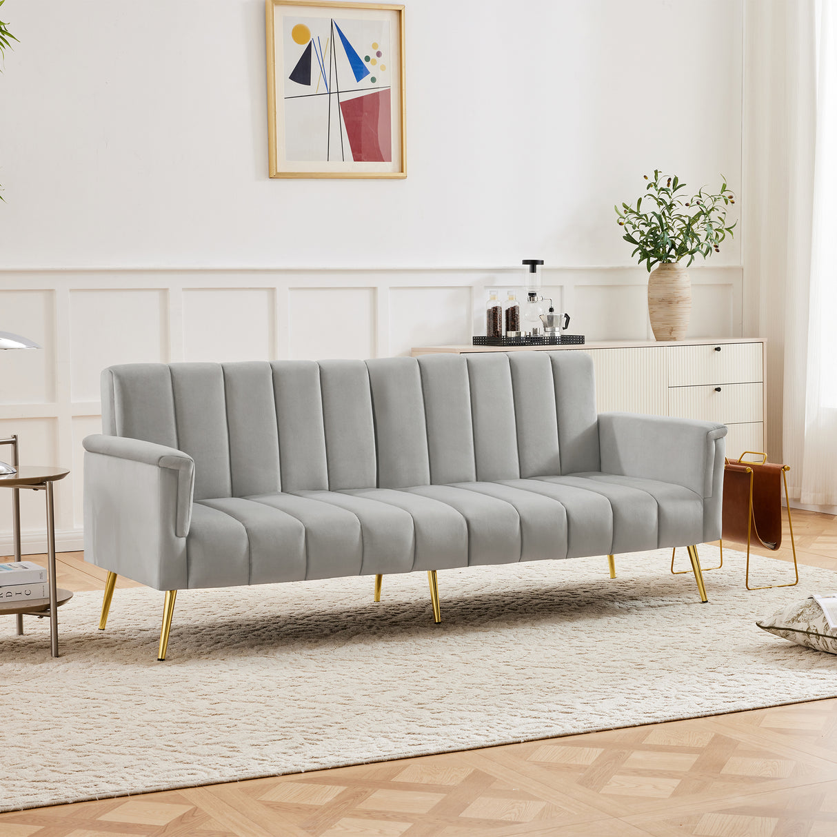 Modern Adjustable Velvet Sofa Bed with MultiPosition Backrest & Armrests, Metal Legs, Convertible Sleeper Function, Ideal for Living Room, Bedroom, Home Theater & Guest Room, Grey, Video Included