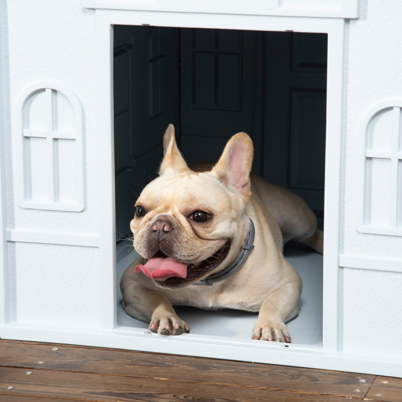 Dog House, Plastic Weather-Resistant for Indoors and Outdoors, White and Blue