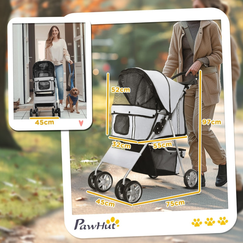 Pet Stroller: Foldable Pushchair with Wheels, Zipper Entry, Cup Holder & Basket, Grey
