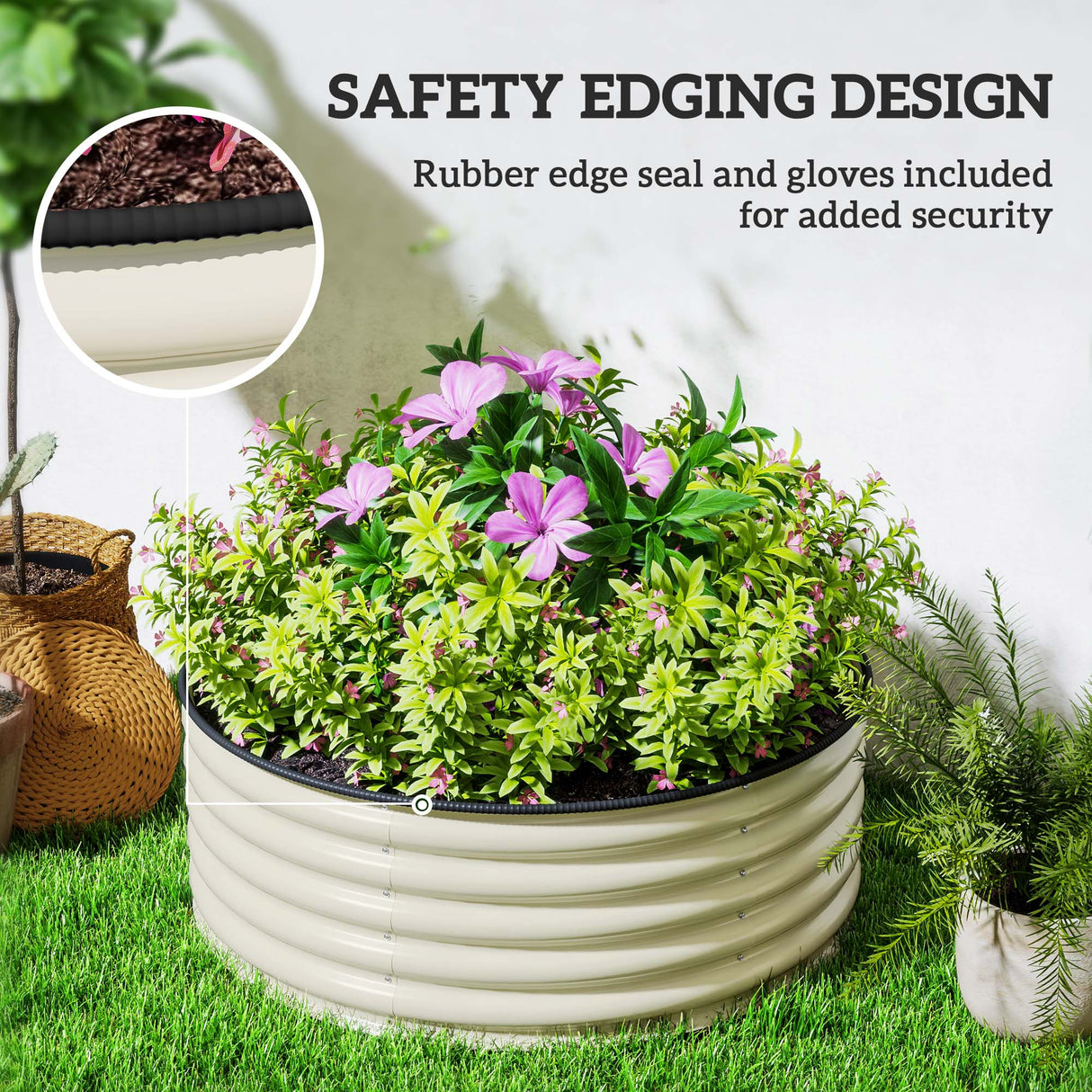 Galvanised Raised Garden Bed with Safety Edging, Outdoor Planter Box, Cream White