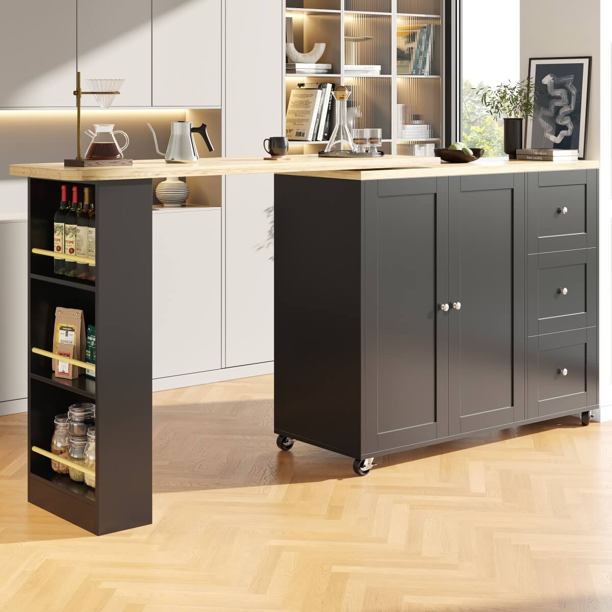 360° Rotating Kitchen Island - Extendable Bar Table with 3 Drawers, Snack Rack & Castors, Multifunctional Storage Cabinet, Black