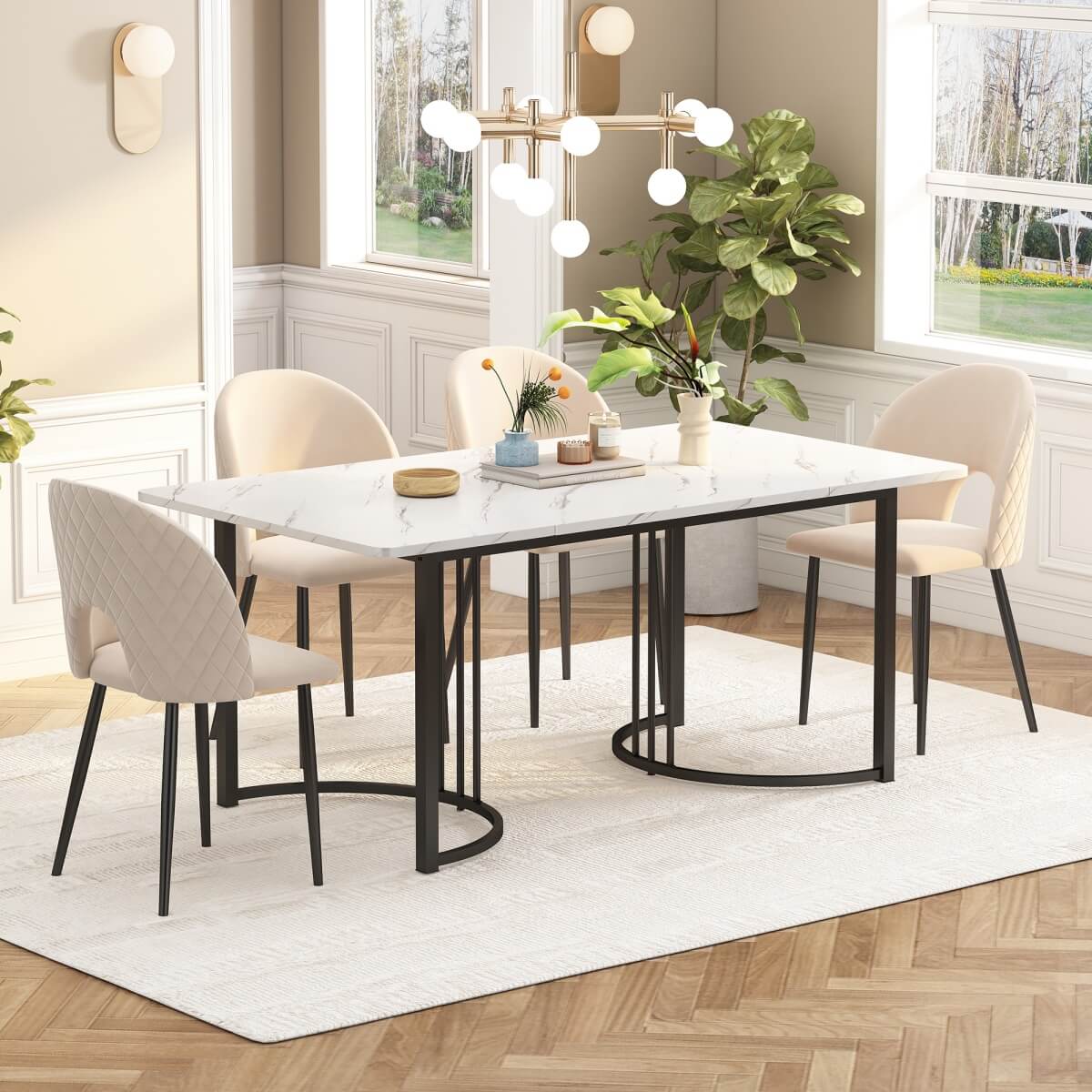 140 × 80 cm Modern Dining Table - Rectangular Marble Effect Table with Metal Frame