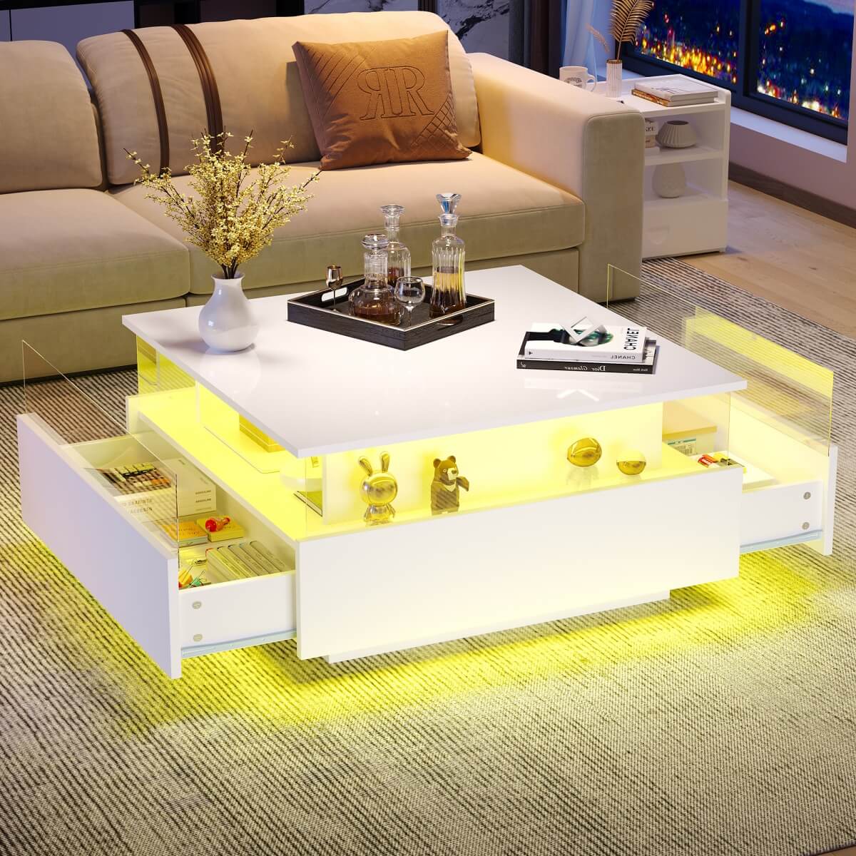 LED Coffee Table with Storage - Square Design, 2 Sliding Drawers, White