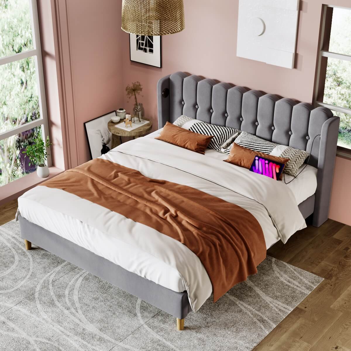 4ft6 Double Upholstered Bed with USB Charging - Grey Linen Bed Frame