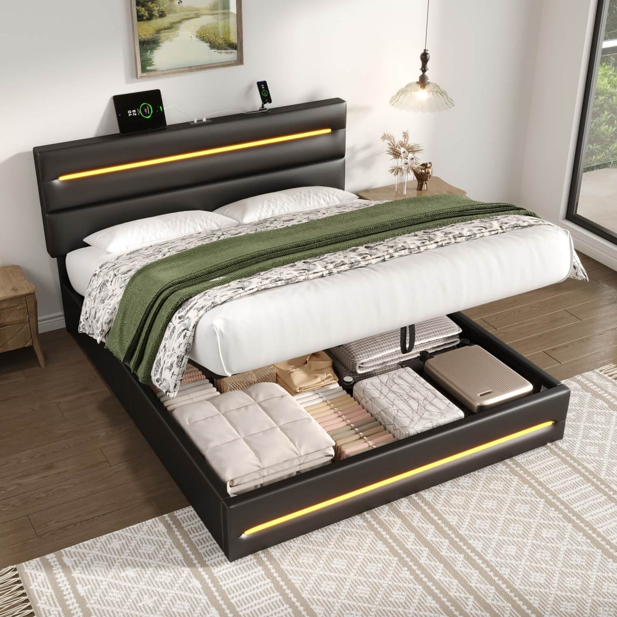 5ft King Ottoman Bed with LED Headboard - PU Upholstered Bed with Hydraulic Storage and USB & Type-C Charging