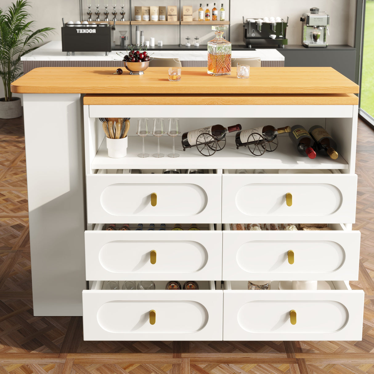 360?? Rotating Bar Table, Dining Kitchen Island with Storage, White