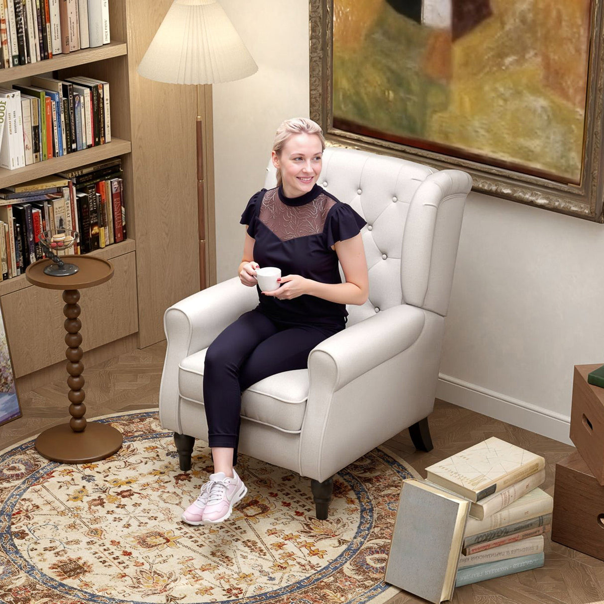 Wingback Accent Chair, Upholstered Button Tufted, Cream White