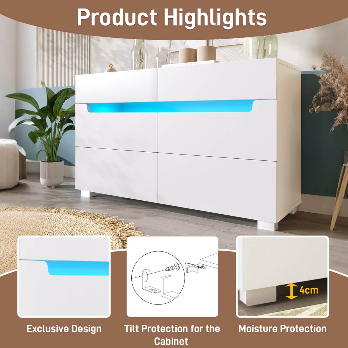 6-Drawer Chest of Drawers with RGB LED Lights - Modern White Storage Sideboard with App Control and Cut-Out Handles