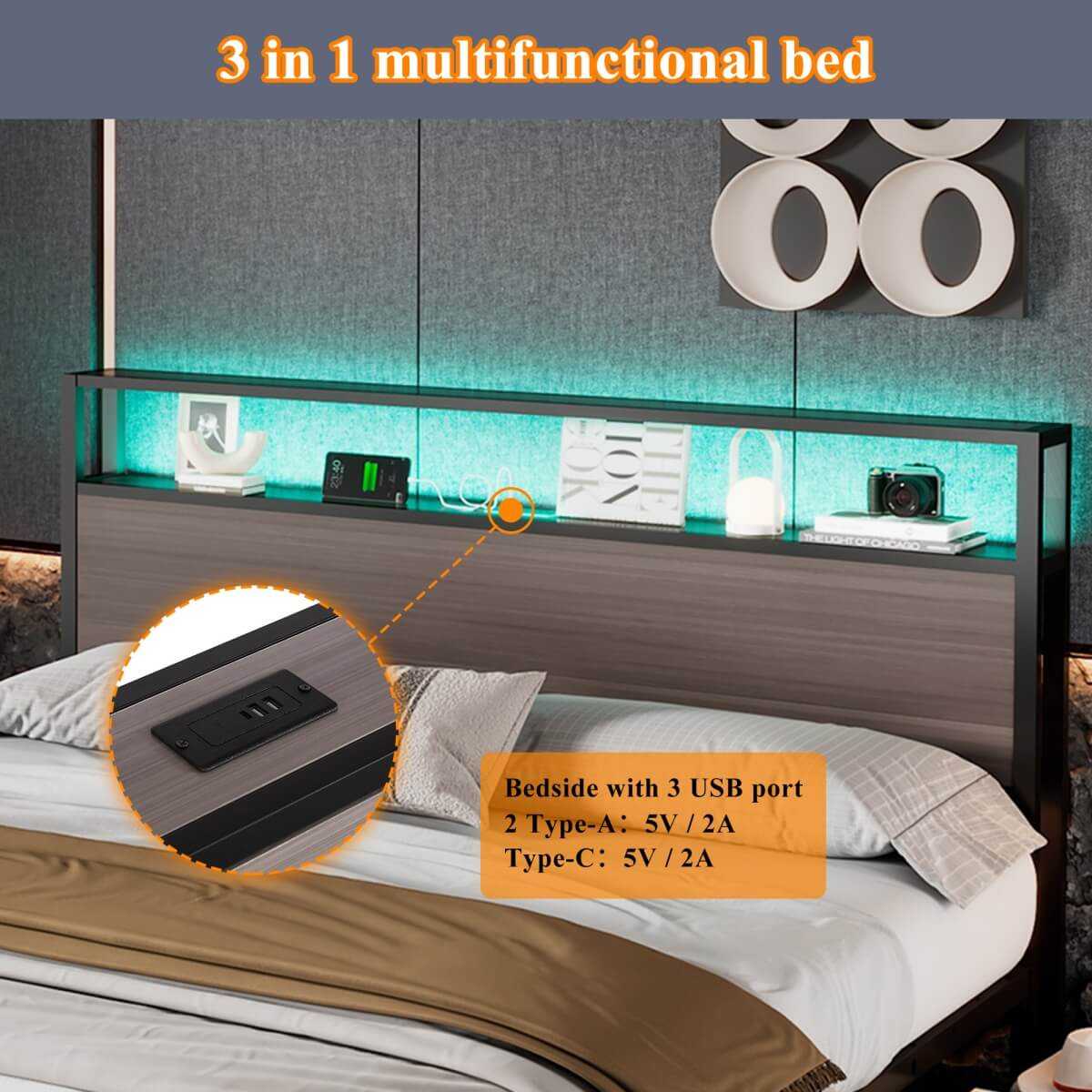 3FT Metal Bed Frame with LED Lights & 4 Drawers - Single Storage Bed with USB & Type-C Charging, Grey