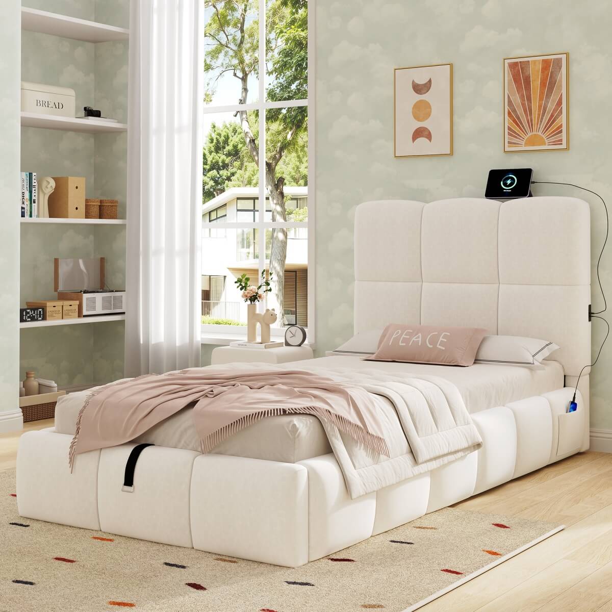 3ft Velvet Upholstered Storage Bed - Single Hydraulic Bed with Headboard, Beige