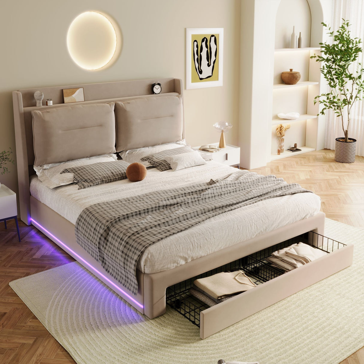 Upholstered Bed, 135x190cm (4ft6) Double, Hydraulic with 2 Storage Drawers & LED Lights, Beige Velvet