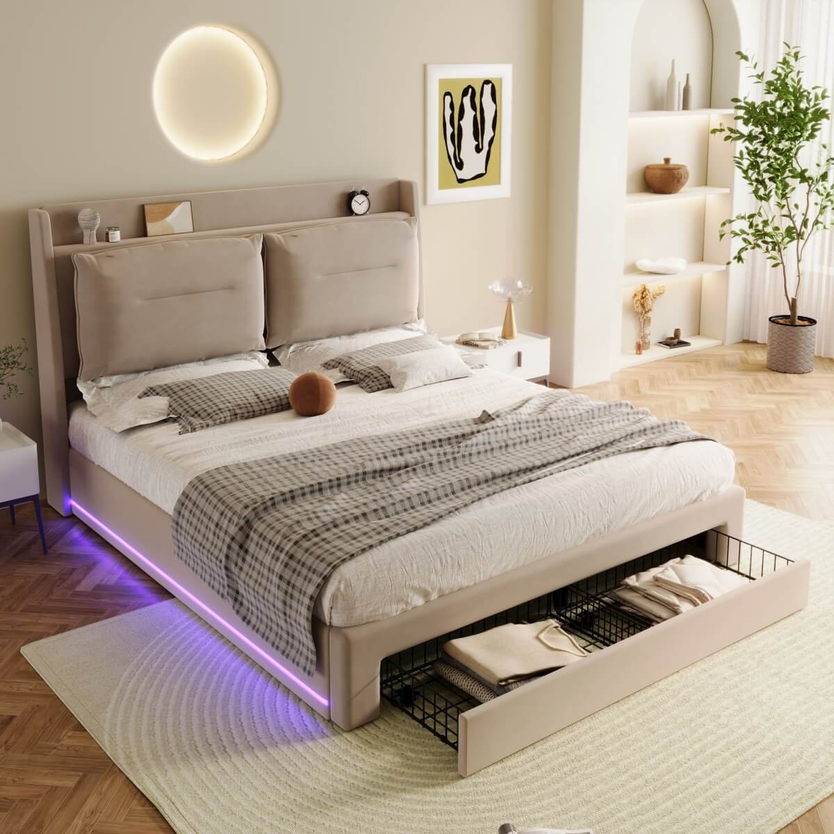 4ft6 Double Velvet Ottoman Bed - Upholstered Storage Bed with LED Lighting & End Drawers, Beige