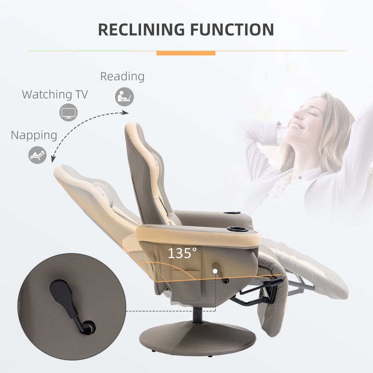 Manual Recliner Armchair with Adjustable Leg Rest, 135?? Reclining, 360?? Swivel, Grey PU Leather