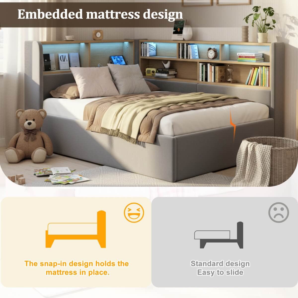 4ft6 Double Velvet Upholstered Daybed with Hydraulic Storage - L-Shaped Sofa Bed with LED Lights and USB Charging, Grey