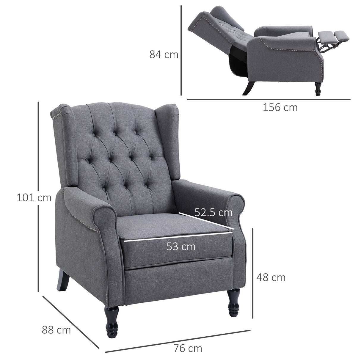Recliner Armchair, Wingback with Footrest, Grey