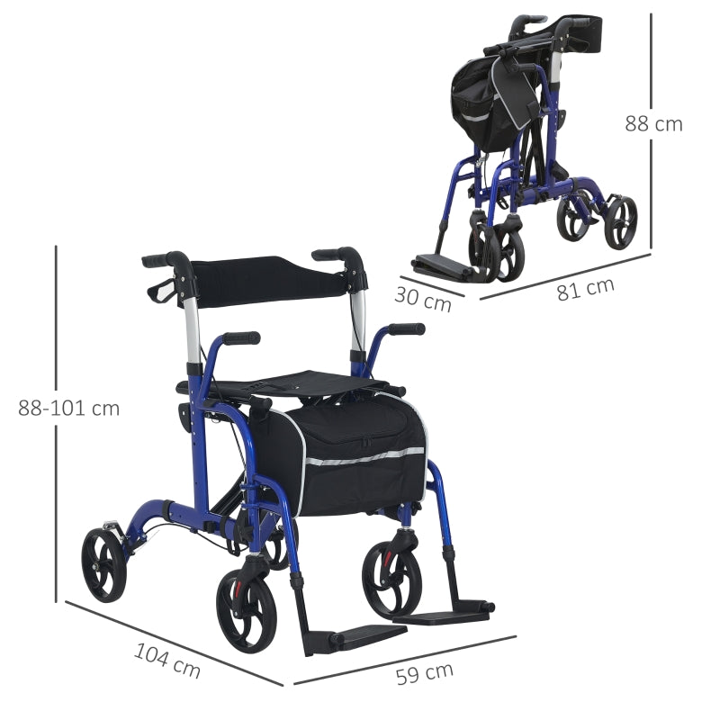2 in 1 Wheelchair Transport Chair & Folding Rollator Walker with Seat, Backrest, Footrest, Lightweight, Adjustable Height, Pearl Blue