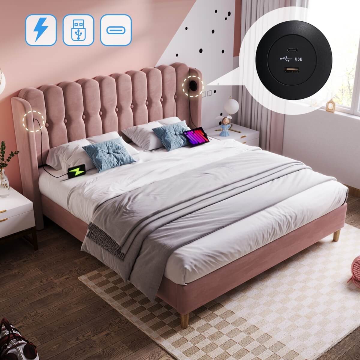 4ft6 Double Pink Velvet Bed – Upholstered Bed with USB & Type-C Charging for Teens & Gu est Rooms