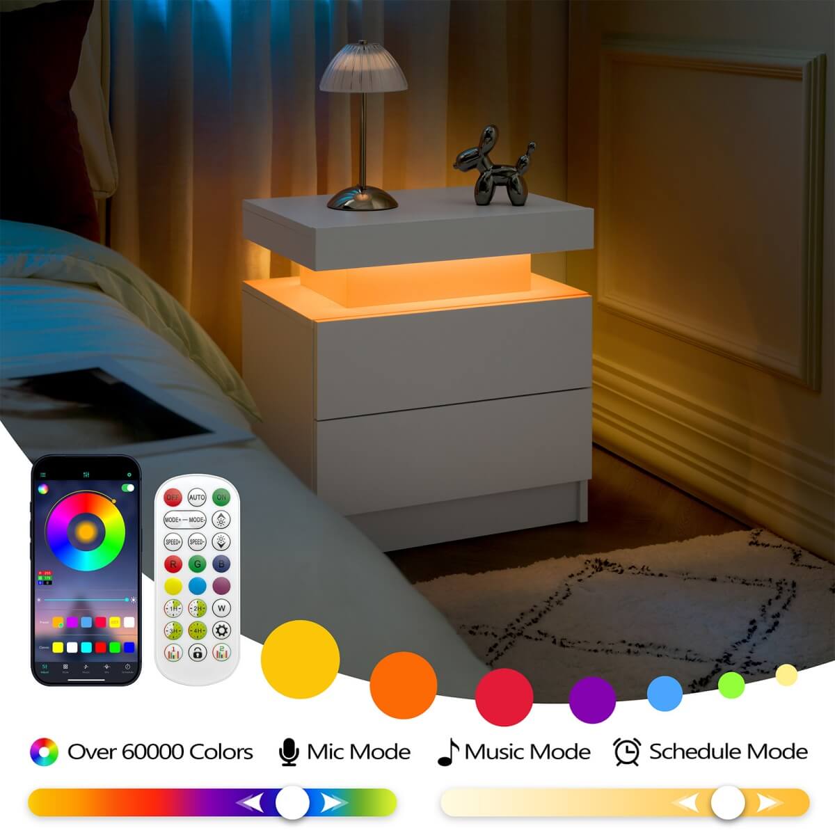 LED Bedside Table with 2 Drawers - Nightstand Cabinet, White
