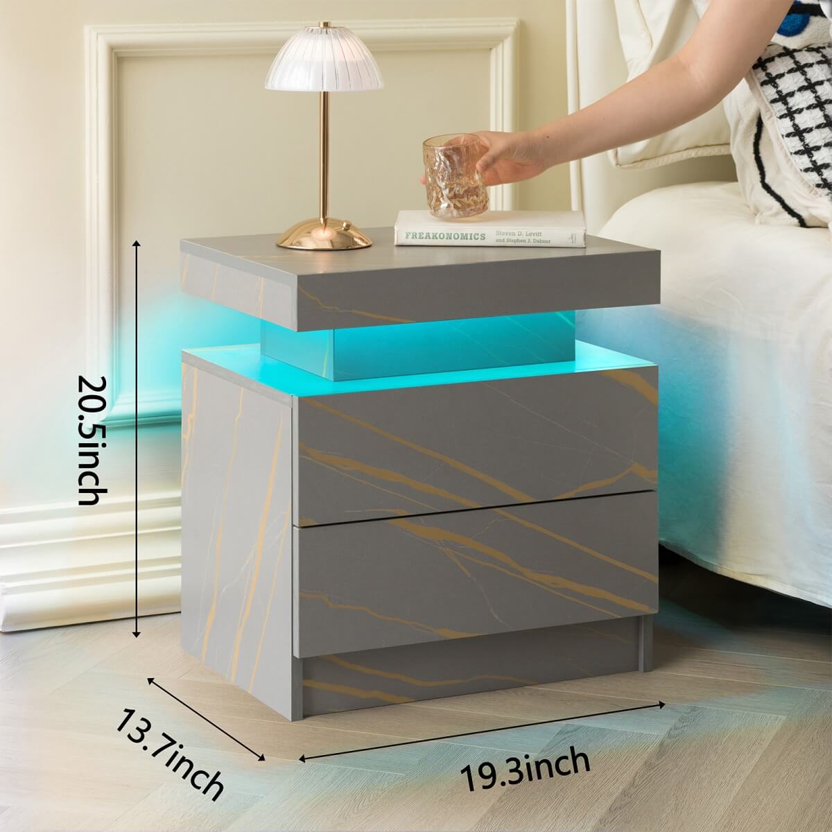 LED Bedside Table with 2 Drawers - Modern Nightstand for Bedroom