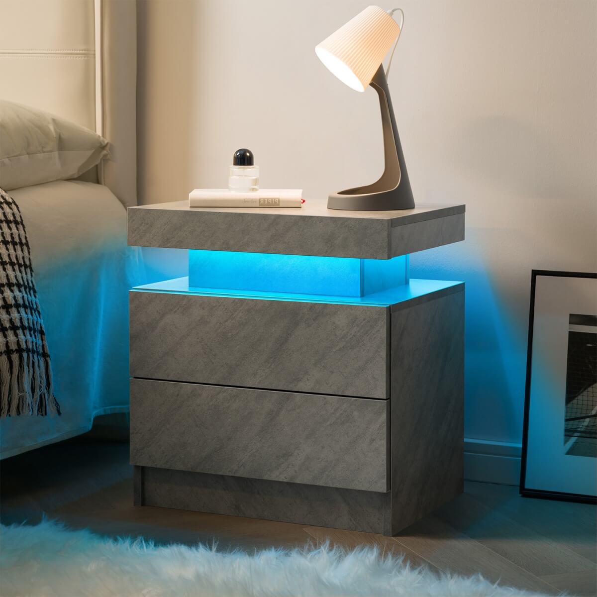 LED Bedside Table with 2 Drawers - Nightstand Cabinet, Grey