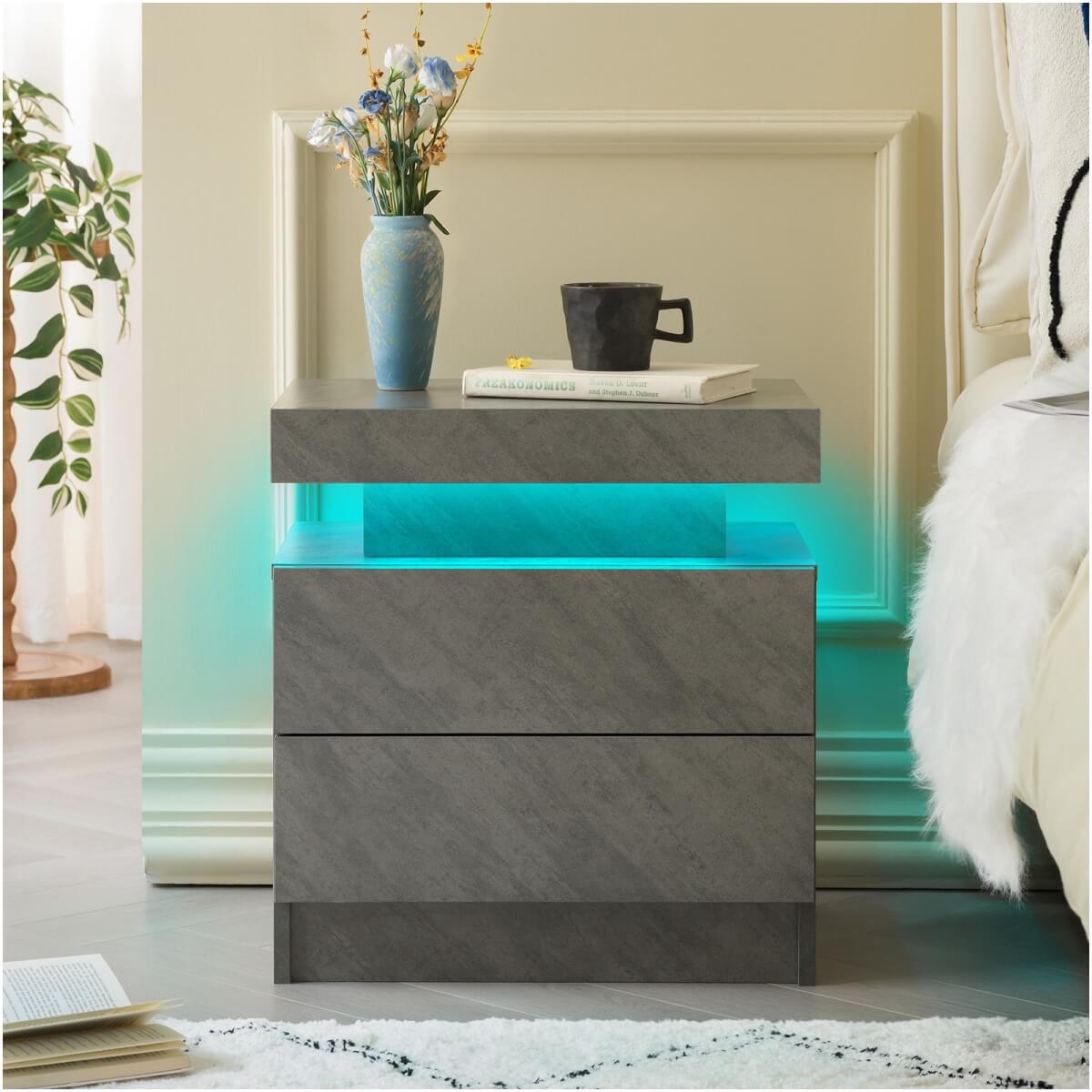 LED Bedside Table with 2 Drawers - Nightstand Cabinet, Grey