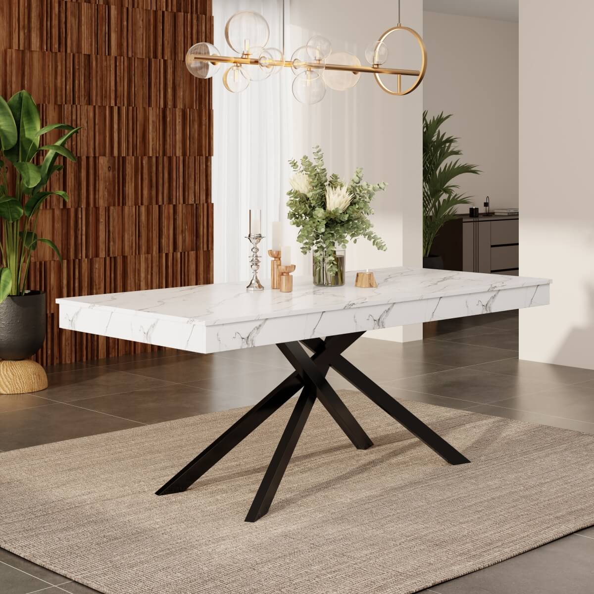 Extendable Dining Table for 6-8 - Modern Table with Marble Effect Tabletop & Metal Cross Legs, Rectangular Kitchen & Dining Room Table, White
