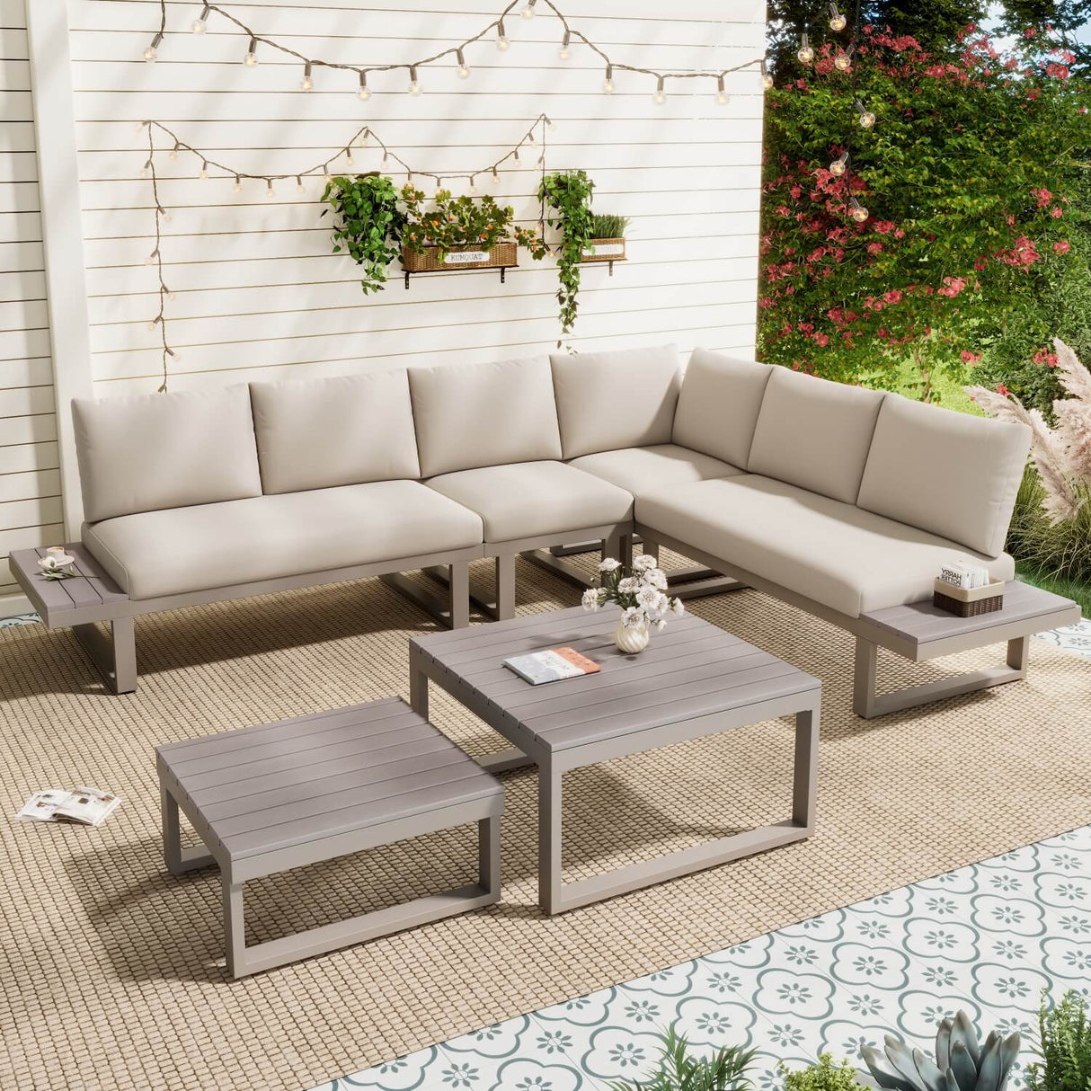 5–6 Seater Garden Lounge Set – 6-Piece Outdoor Patio Furniture with Adjustable Seating, Galvanised Iron Frame and 2 WPC Tables