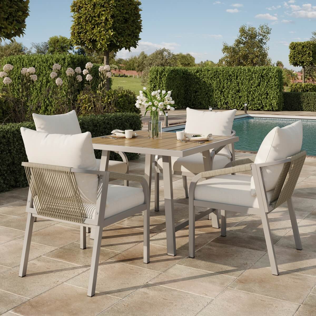 4 Seater Garden Dining Set - Outdoor Patio Table and Chairs with Umbrella Hole, Beige