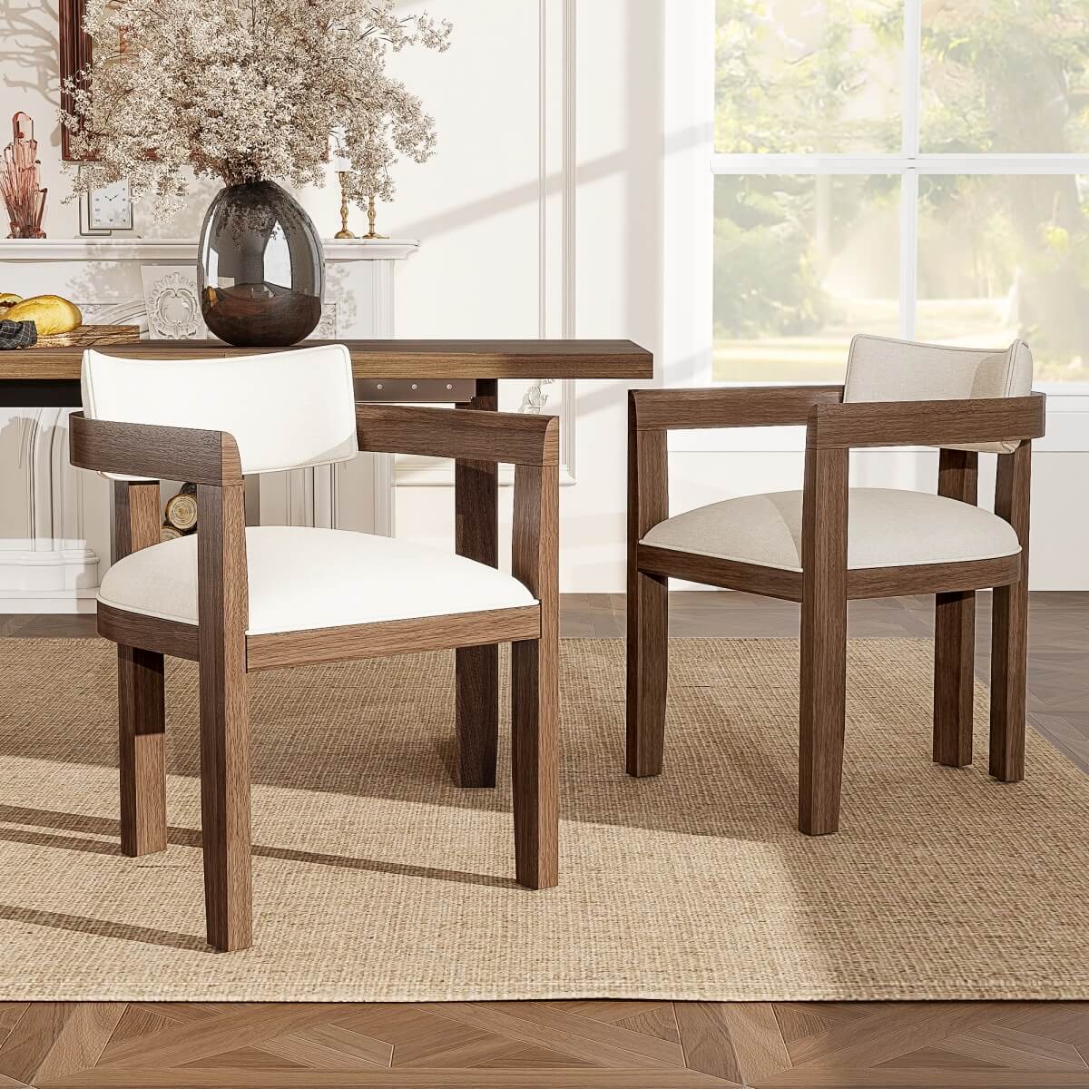 Set of 2 Solid Wood Dining Chairs – Linen Upholstery, Walnut Finish, Suitable for Home or Café