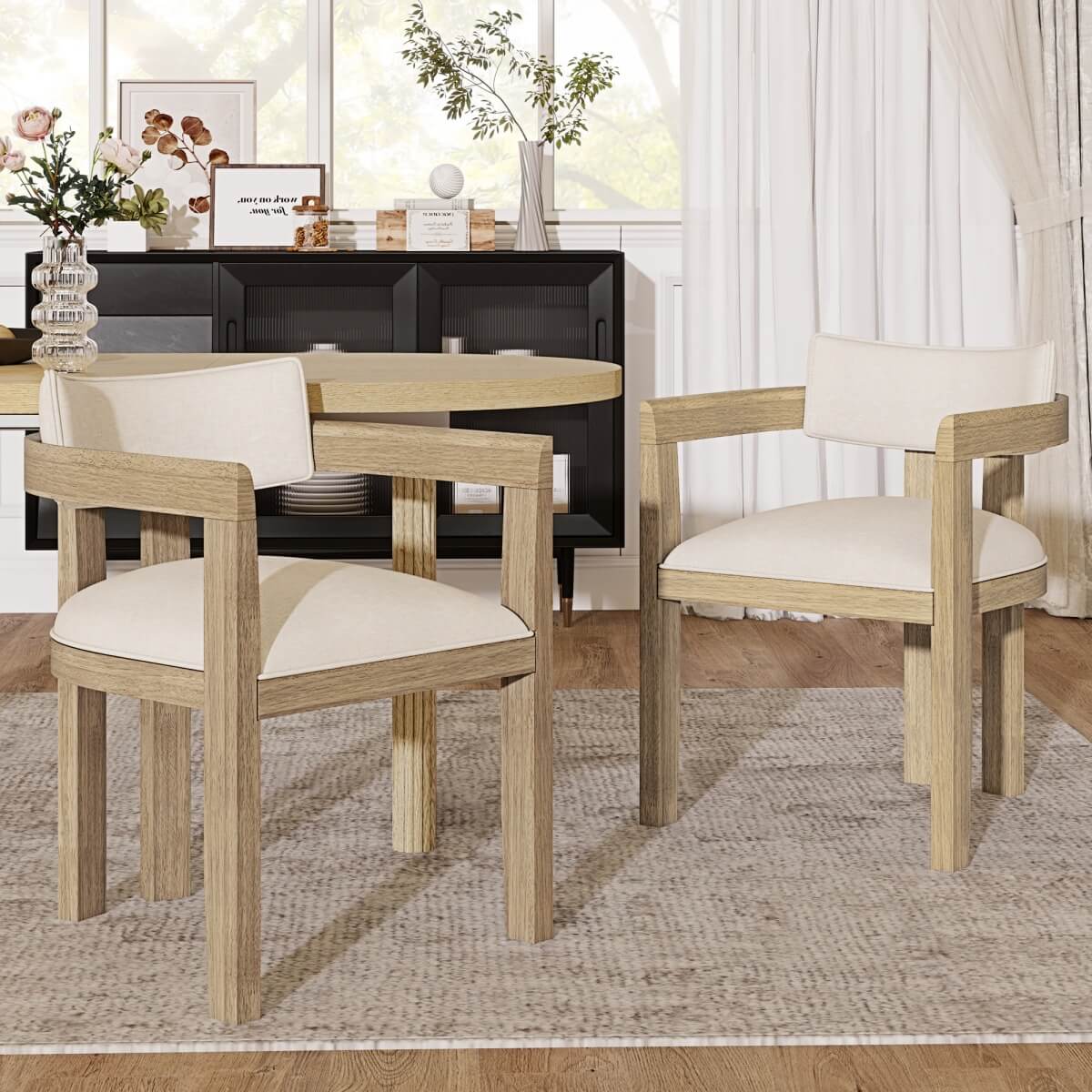 Set of 2 Solid Wood Dining Chairs – Linen Upholstery, Natural Finish, Suitable for Home, Restaurant or Café