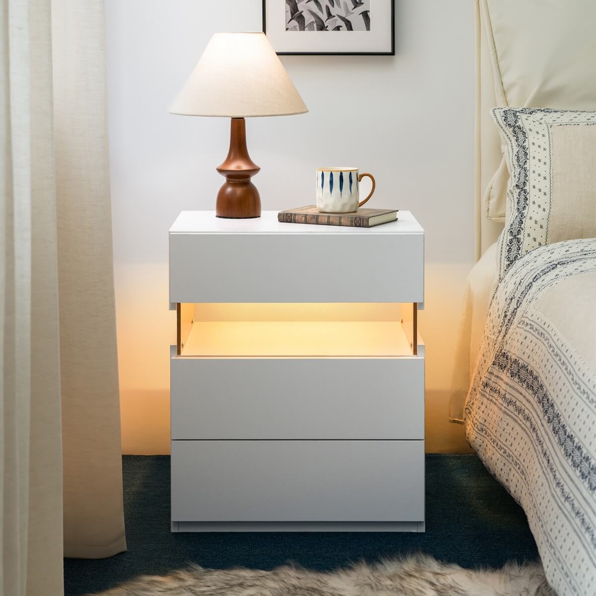 LED Bedside Table with 3 Drawers - Acrylic Nightstand, White
