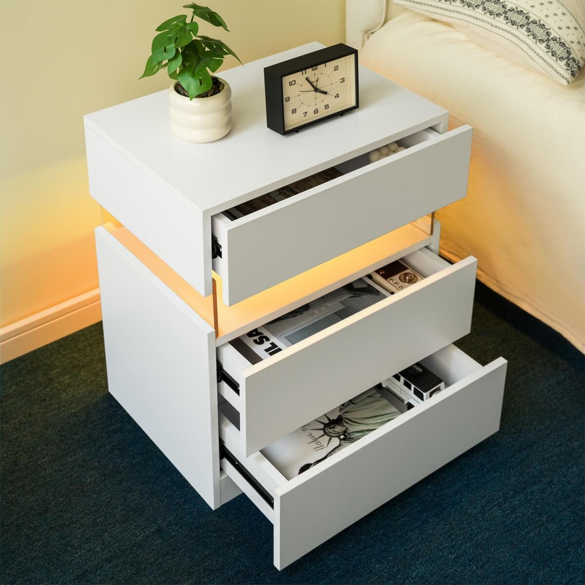 LED Bedside Table with 3 Drawers - Acrylic Nightstand, White