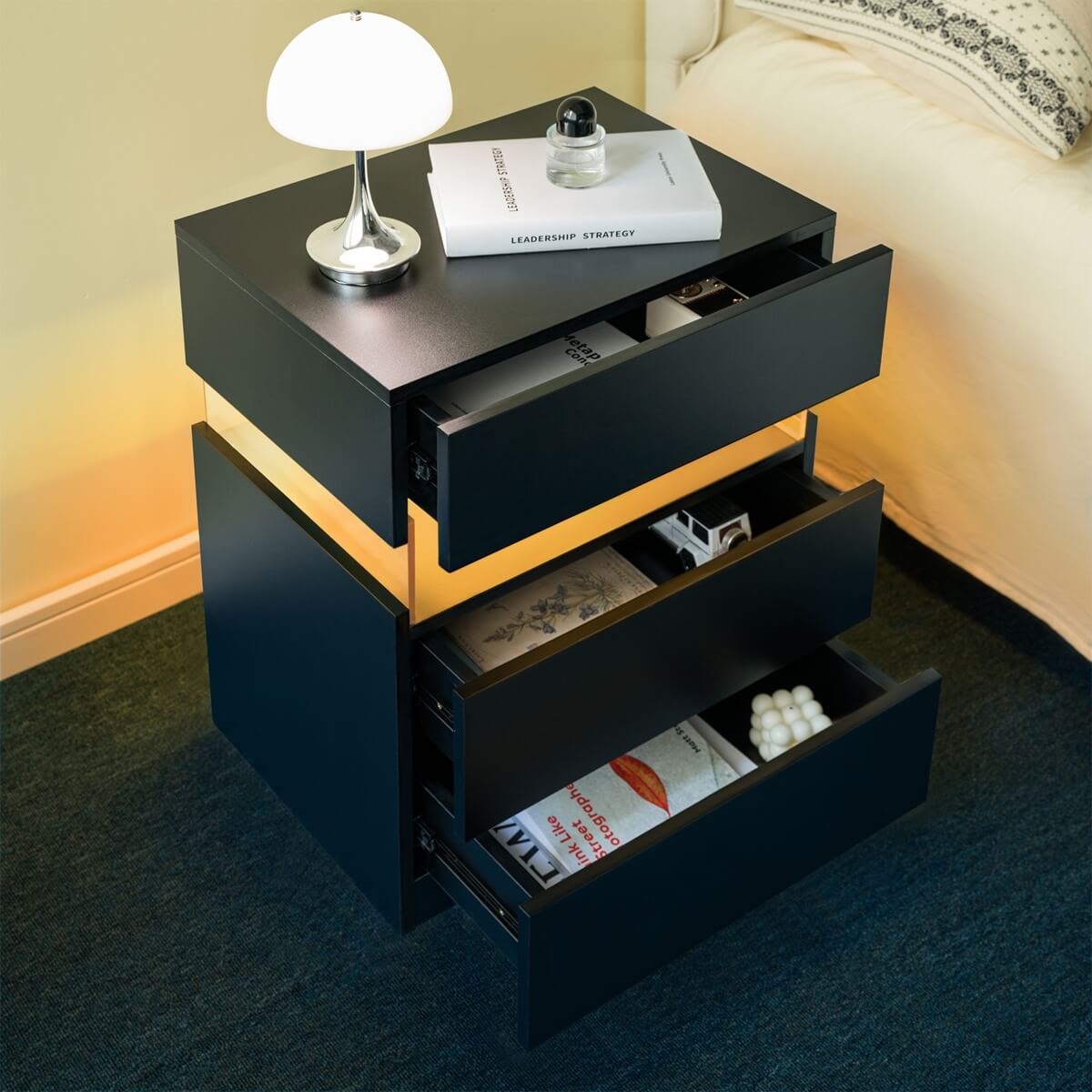 LED Bedside Table with 3 Drawers - Acrylic Nightstand, Black