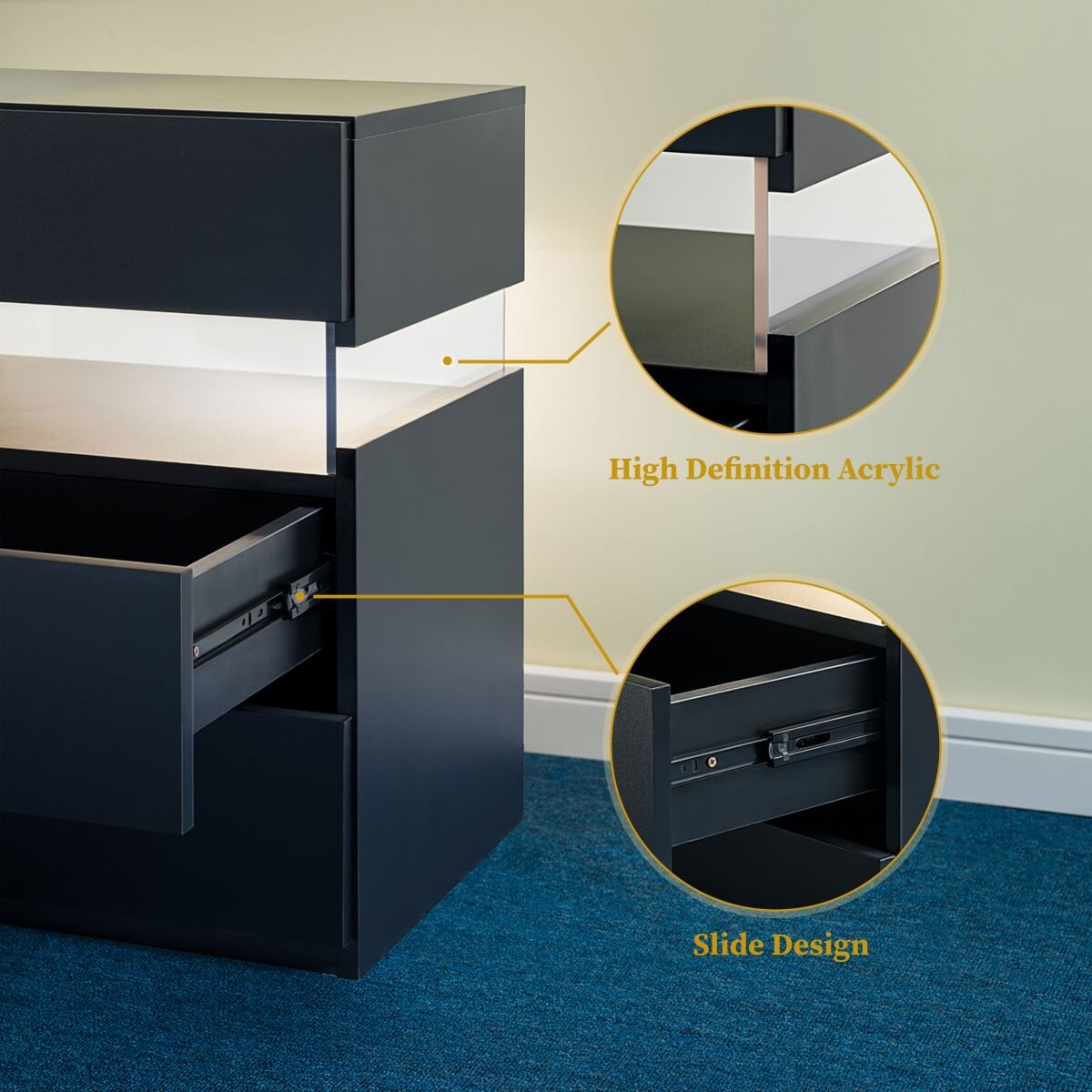 LED Bedside Table with 3 Drawers - Acrylic Nightstand, Black