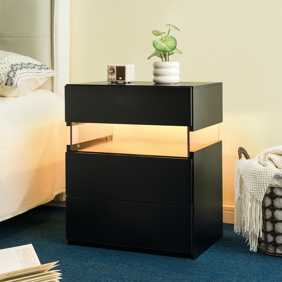 LED Bedside Table with 3 Drawers - Acrylic Nightstand, Black