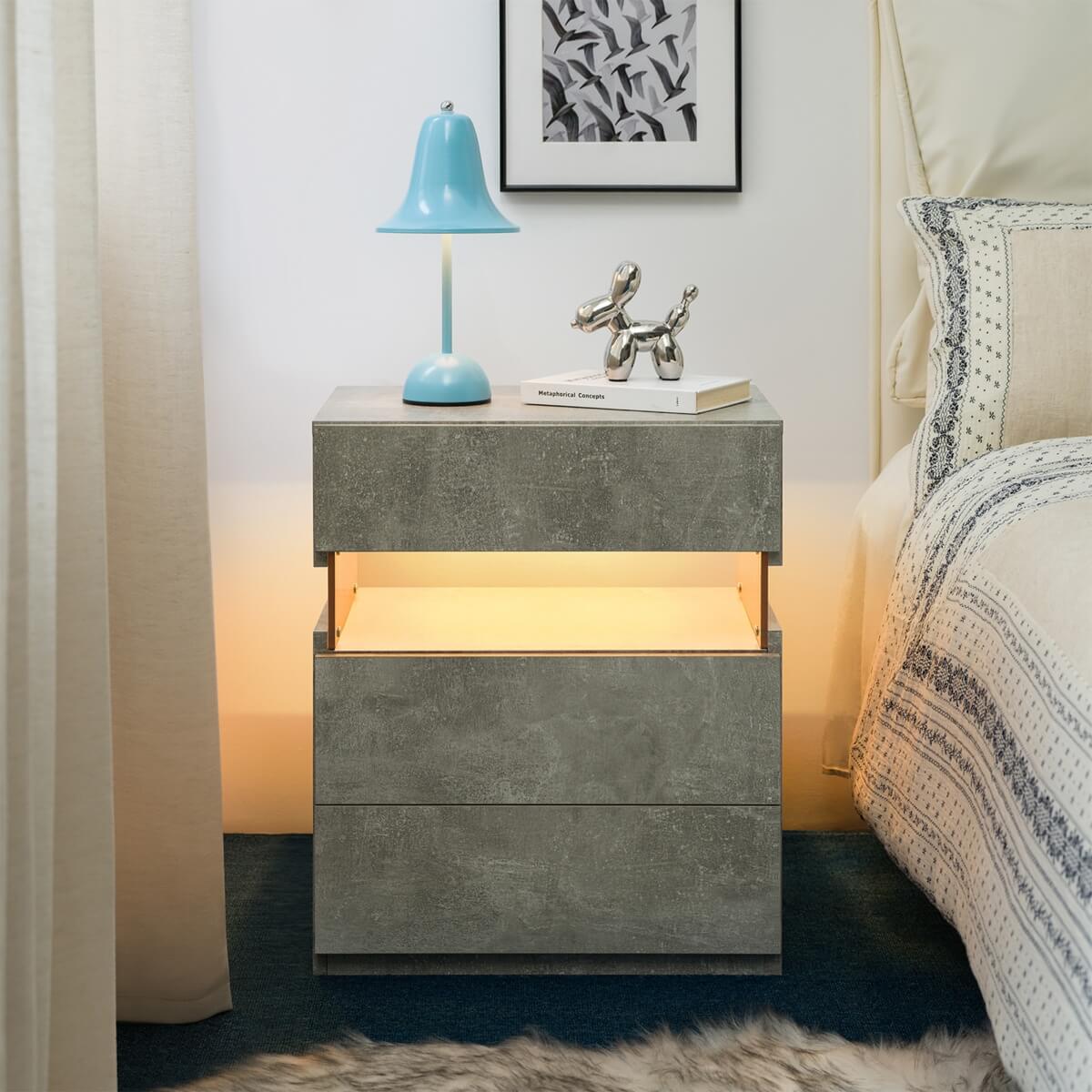 LED Bedside Table with 3 Drawers - Acrylic, Grey