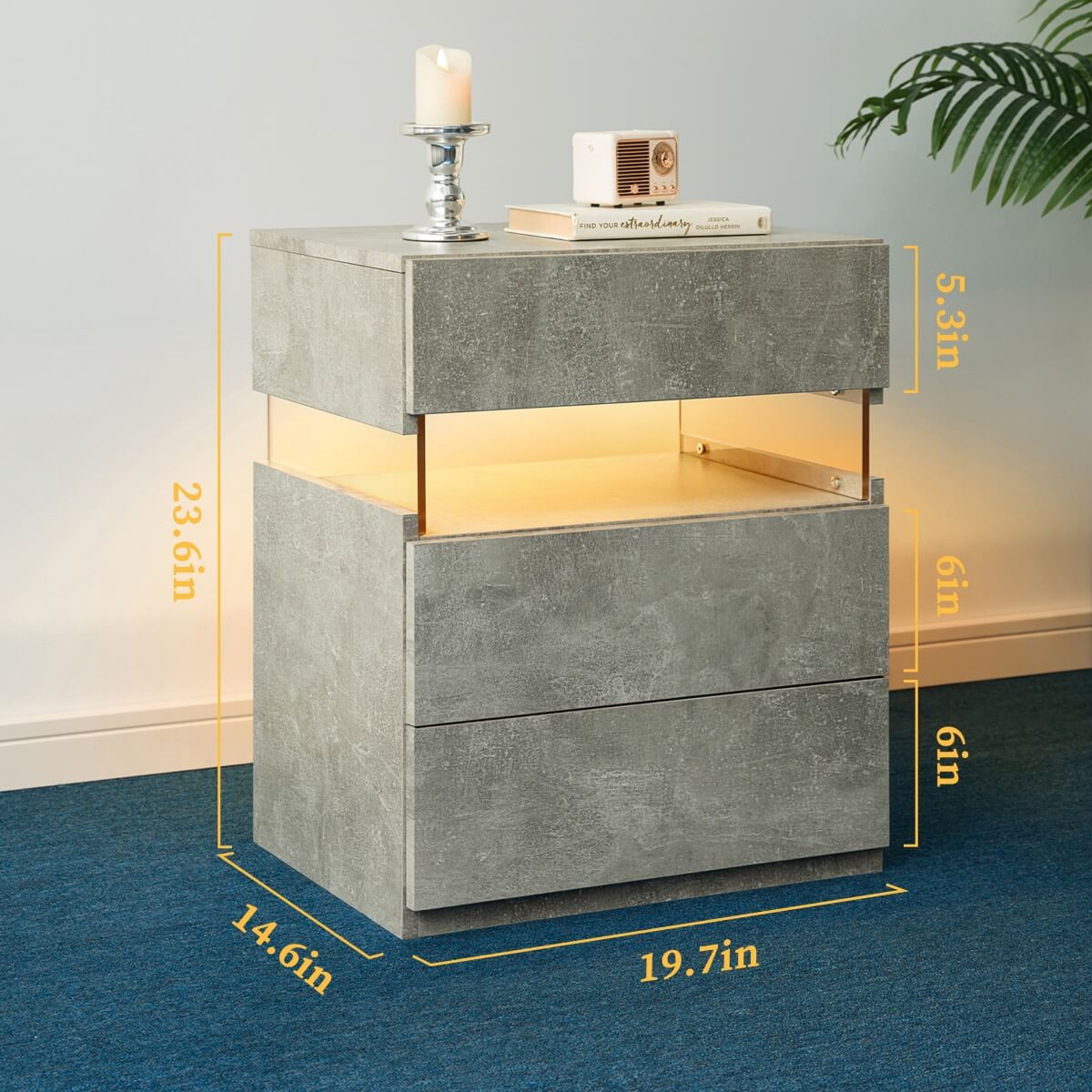 LED Bedside Table with 3 Drawers - Acrylic, Grey
